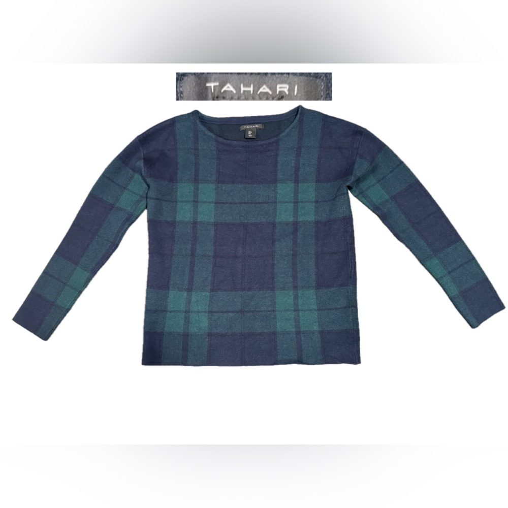 Tahari Women's Crewneck Sweater - Navy and Teal Plaid